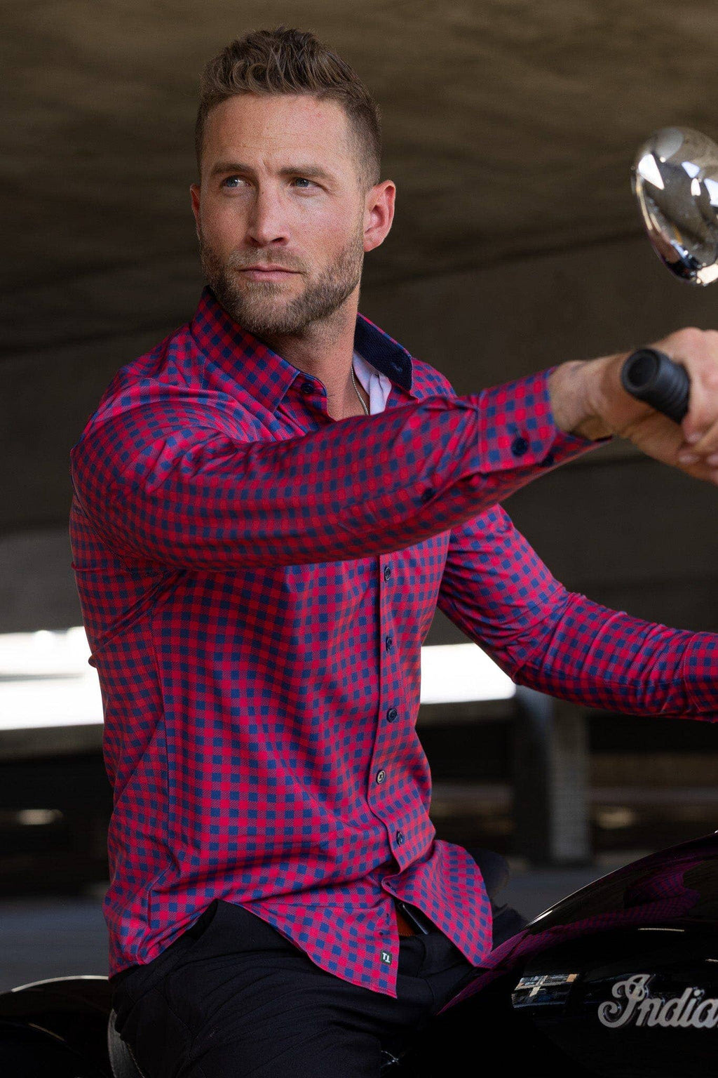 Hustle Sport Shirt - Long Sleeve - Red Navy Gingham, view 2