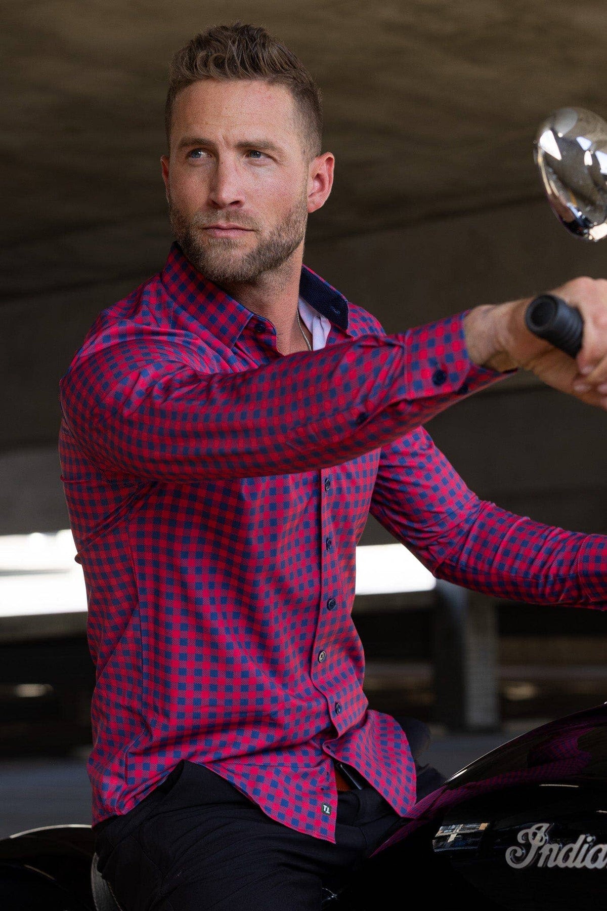 Hustle Sport Shirt - Long Sleeve - Red Navy Gingham, view 2