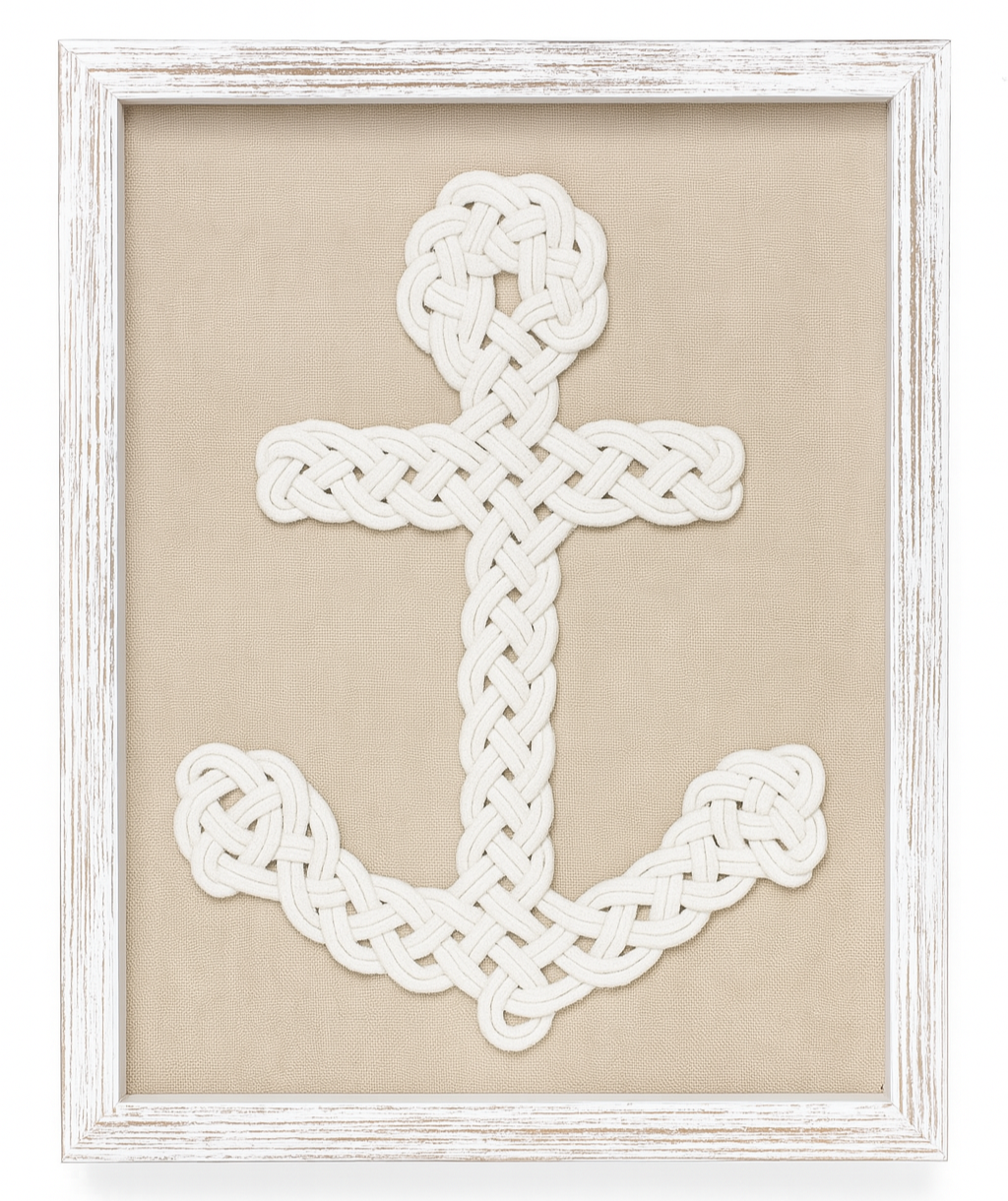 Framed white anchor decorative knot  on a beige background