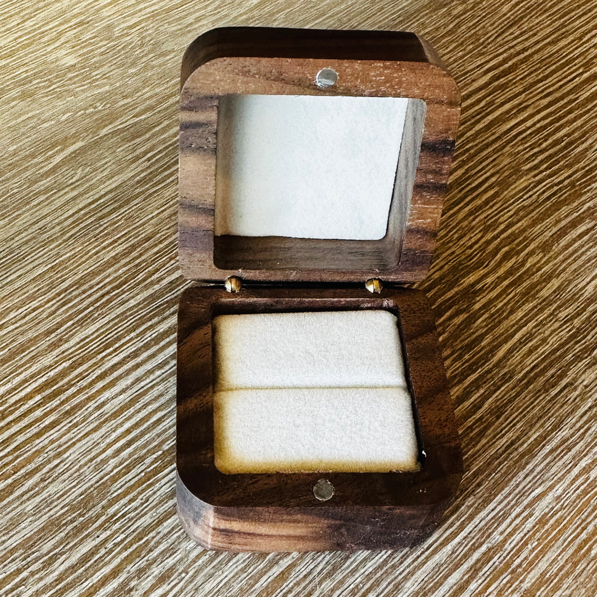 Will You Marry Me Engraved Proposal Box open showing the ring cushion