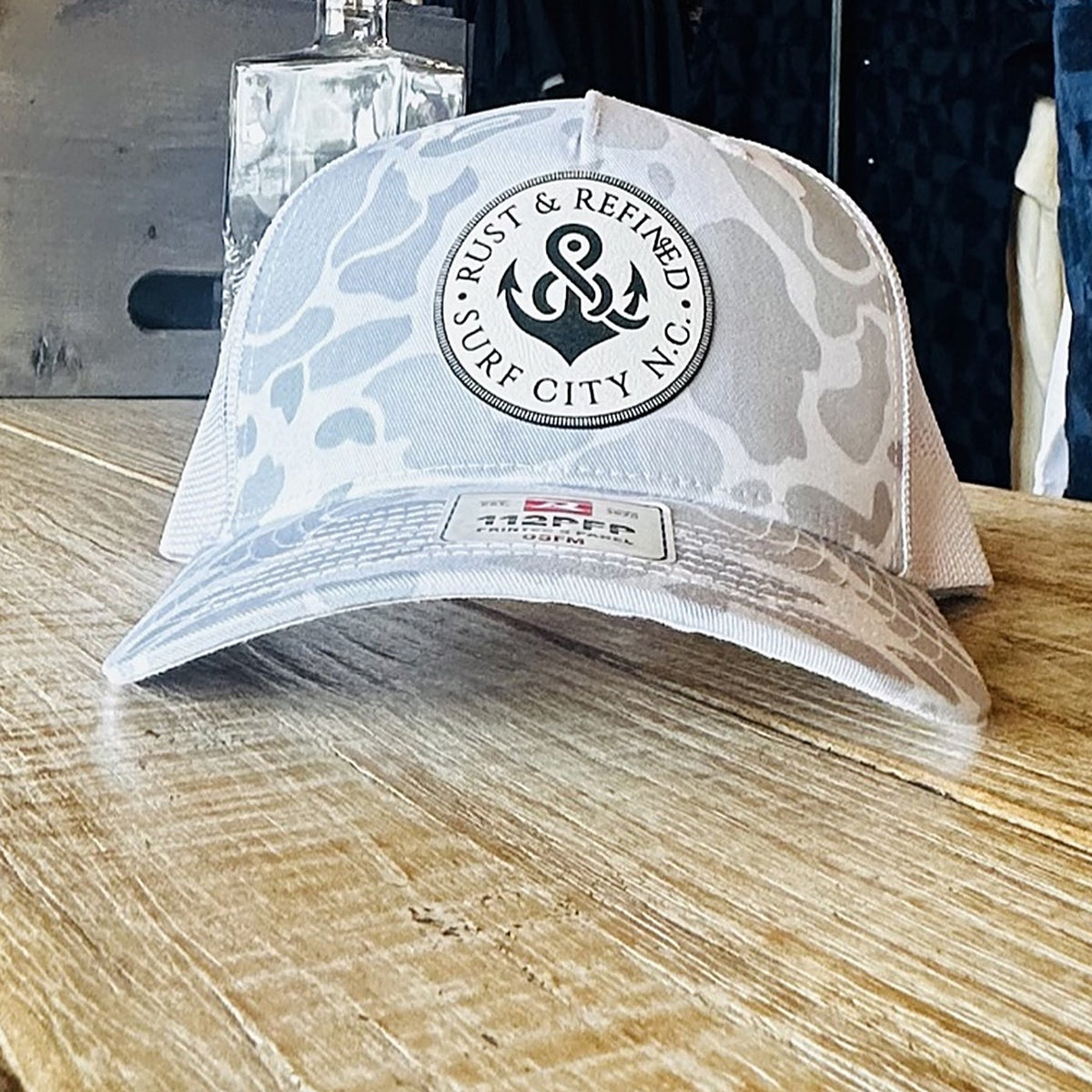R&R Anchor White Camo Trucker Hat at Rust & Refined in Surf City, NC