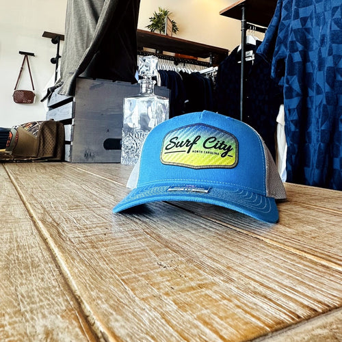 Surf City Script Trucker Hat - Blue/White at Rust & Refined in Surf City, NC