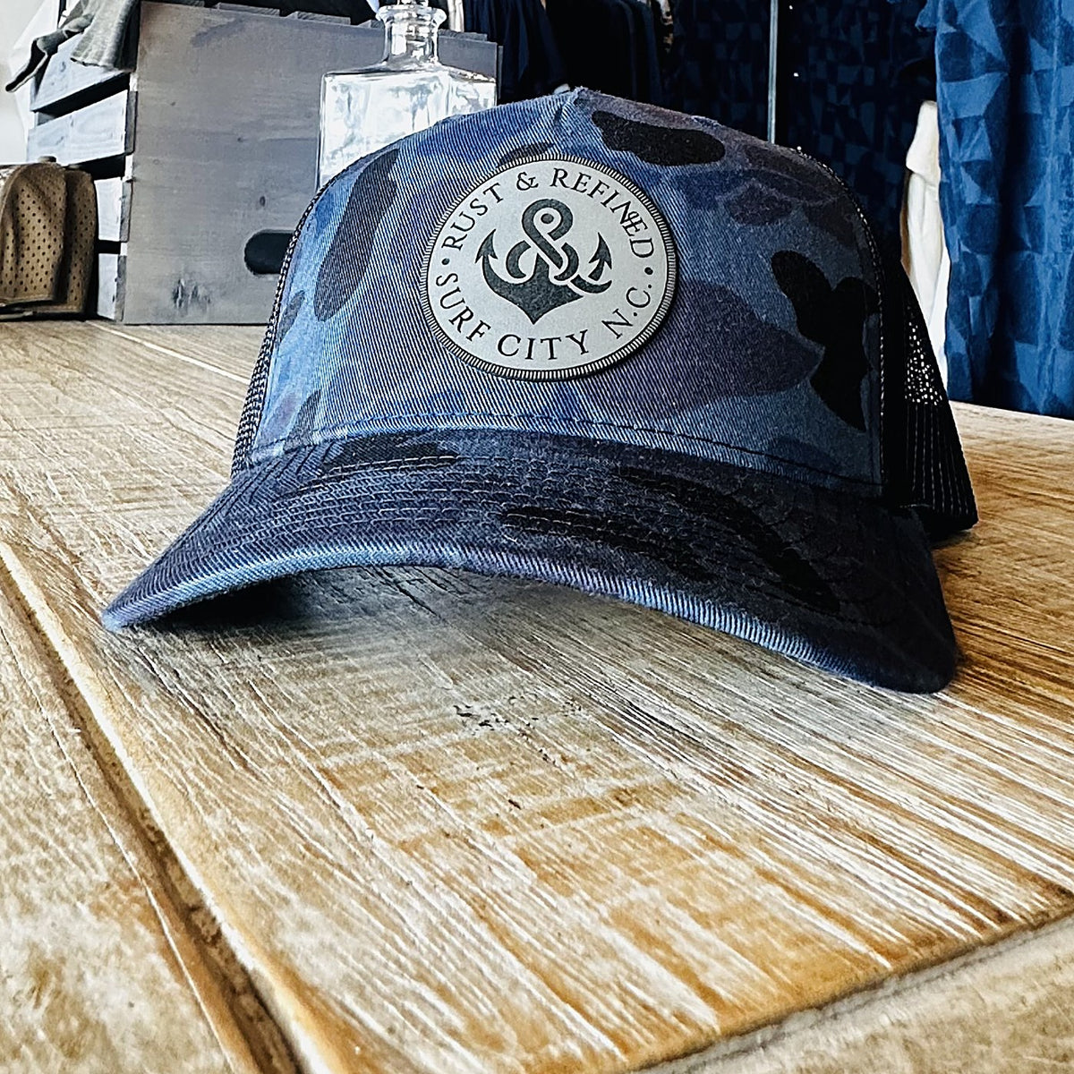 R&R Anchor Dark Blue Camo Trucker Hat at Rust & Refined in Surf City, NC