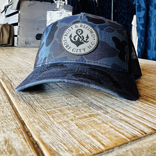 R&R Anchor Dark Blue Camo Trucker Hat at Rust & Refined in Surf City, NC