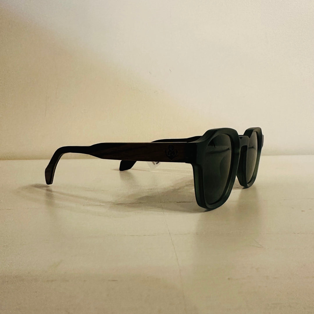 Green frame wooden sunglasses side view