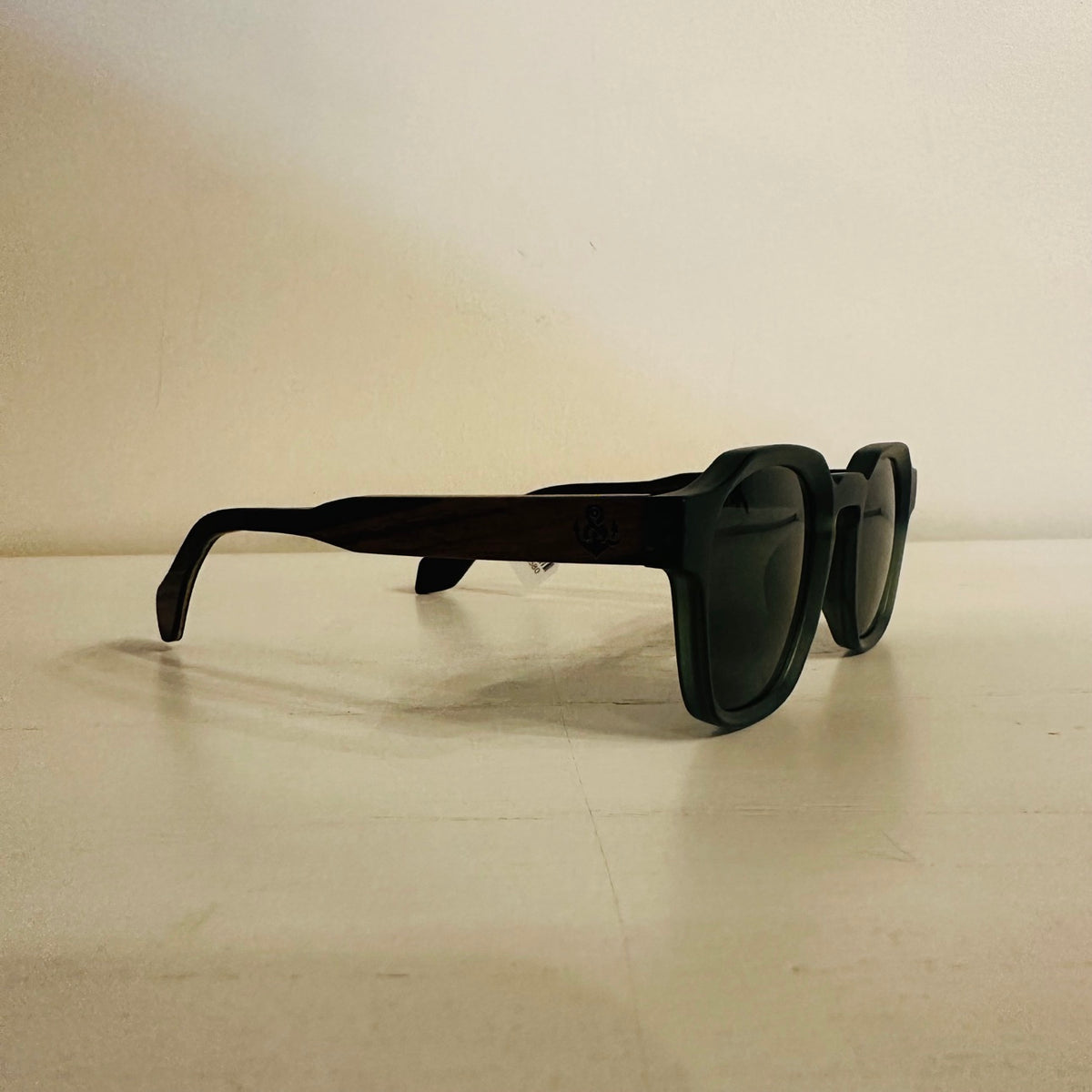 Green frame wooden sunglasses side view