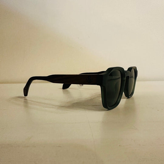 Green frame wooden sunglasses side view
