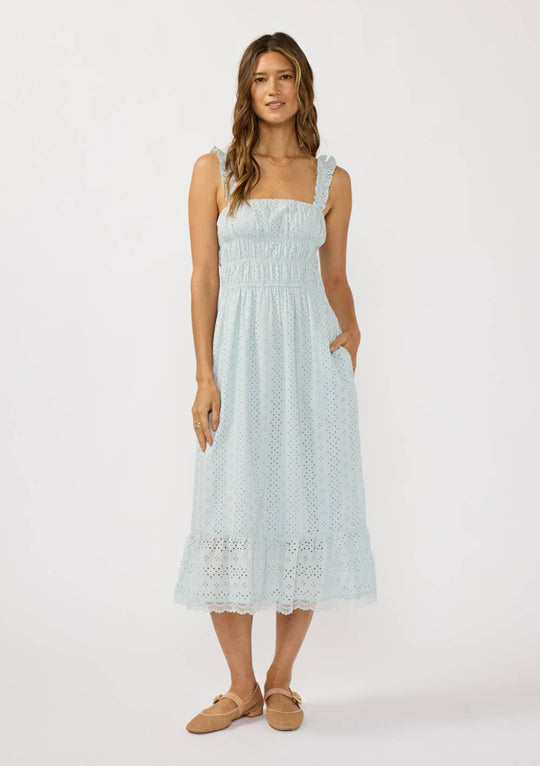 Smocked Bust Floral Eyelet Midi Dress