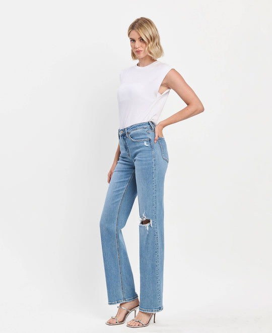High Rise Full Length Straight Leg Jeans