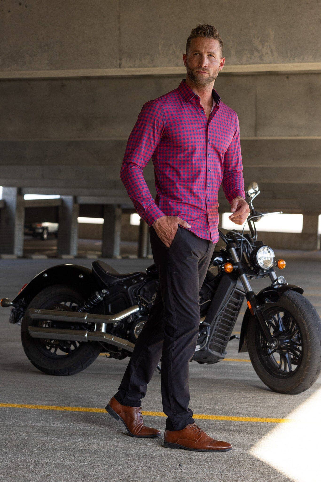 Hustle Sport Shirt - Long Sleeve - Red Navy Gingham, view 5