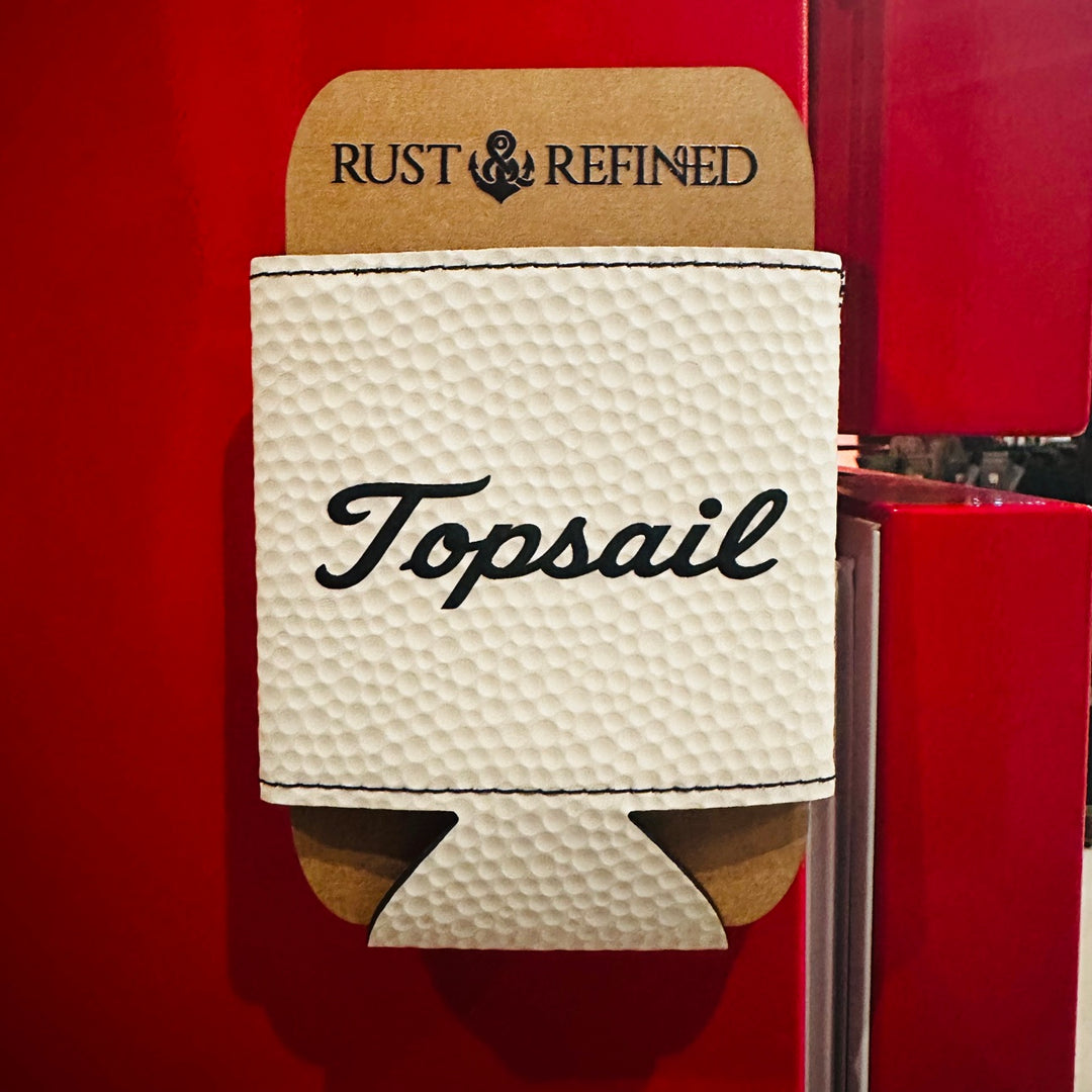 White magnetic coozie with black Topsail script