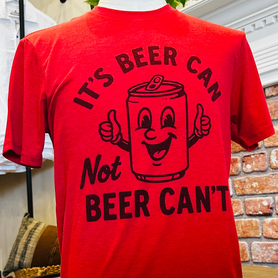 It is Beer Can Tee in red on mannequin