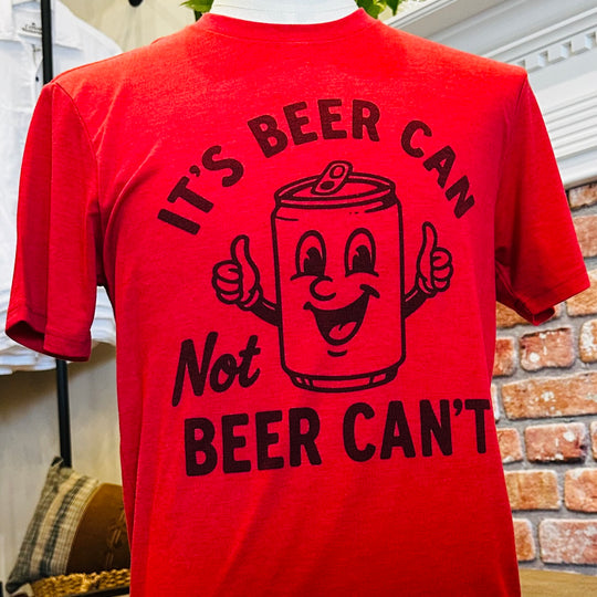 It is Beer Can Tee in red on mannequin