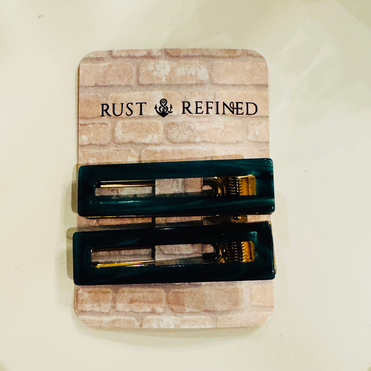 Teal Hair Clip Set on Rust and Refined display card