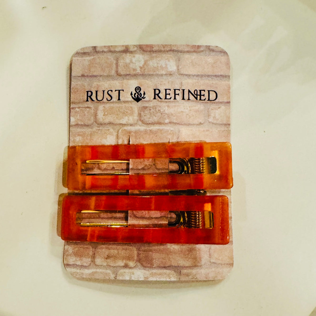 Amber Hair Clip Set on Rust and Refined display card