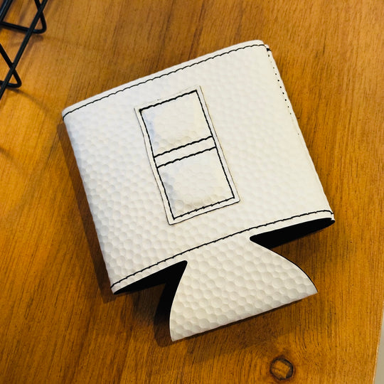 Back of white magnetic coozie showing magnetic panel