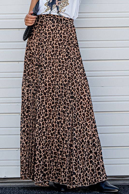 Leopard Animal Print Pleated Midi Skirt