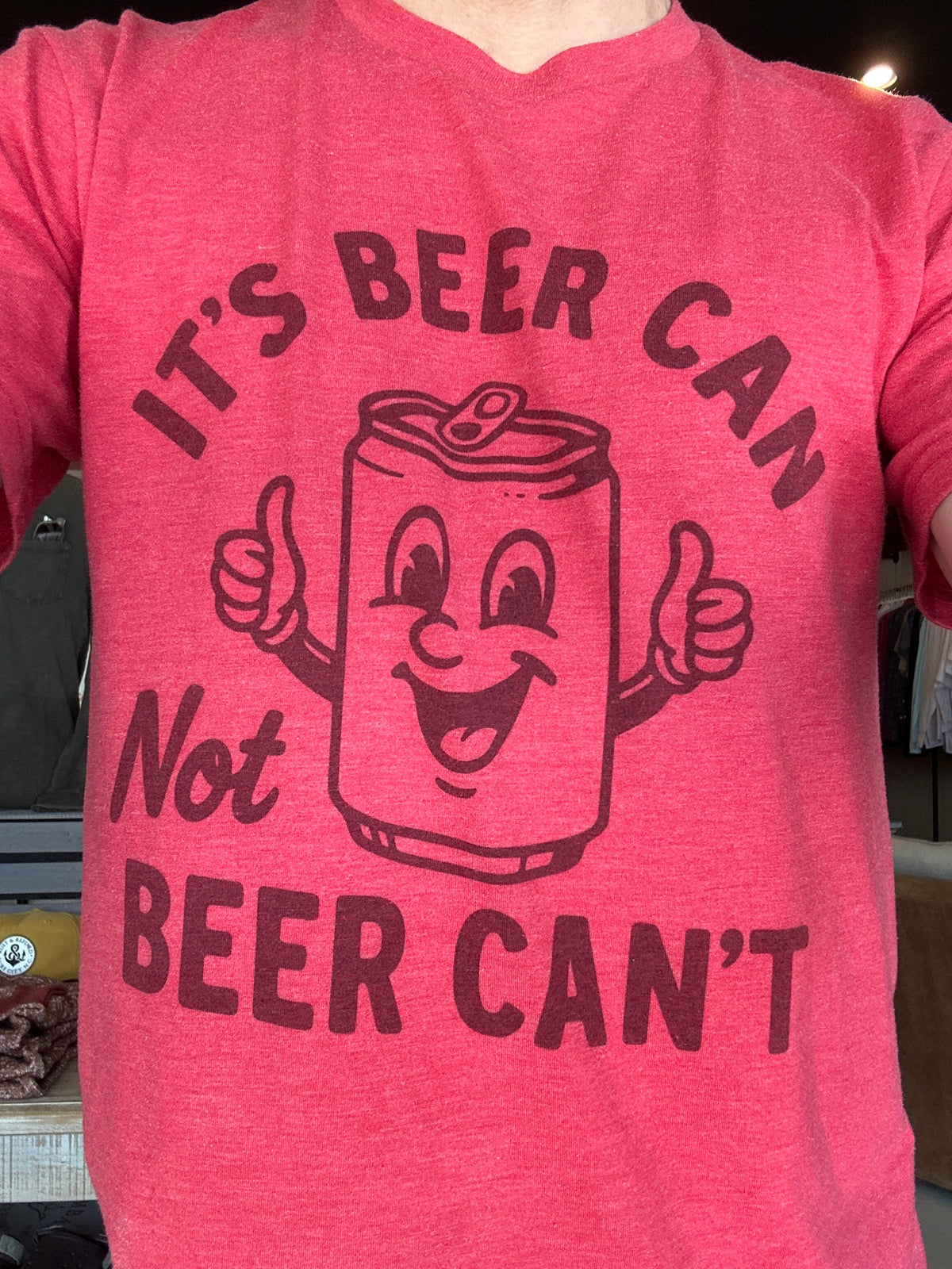It's Beer Can Tee graphic close-up, red heather
