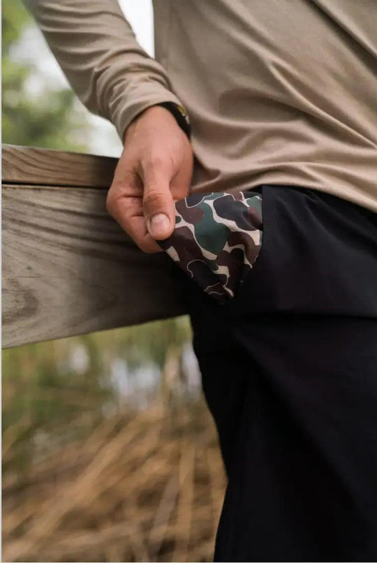 BURLEBO - Everyday Shorts - Matte Black (Throwback Camo Pocket): 5.5" - Rust & Refined