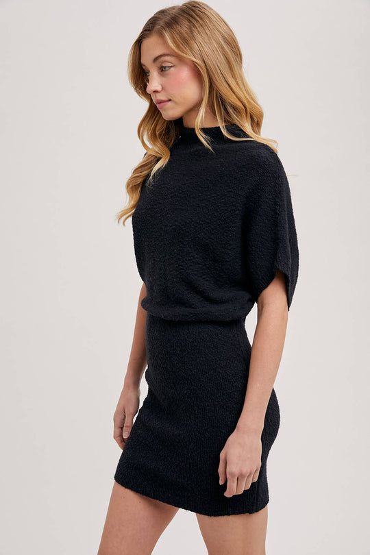 MOCK NECK DOLMAN SLEEVED KNIT SWEATER MINI DRESS