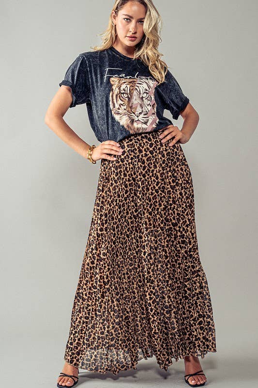 Leopard Animal Print Pleated Midi Skirt