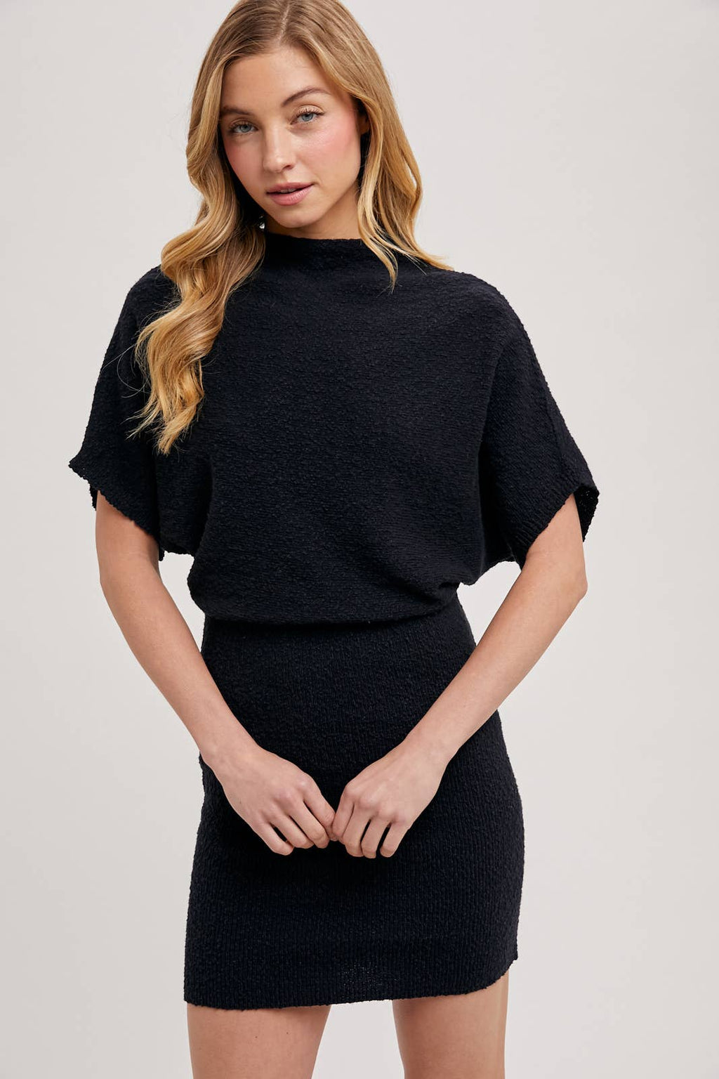 MOCK NECK DOLMAN SLEEVED KNIT SWEATER MINI DRESS, view 3