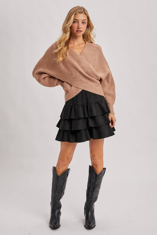 FAUX SUEDE TIERED RUFFLE PAPERBAG WAISTBAND MINI SKIRT