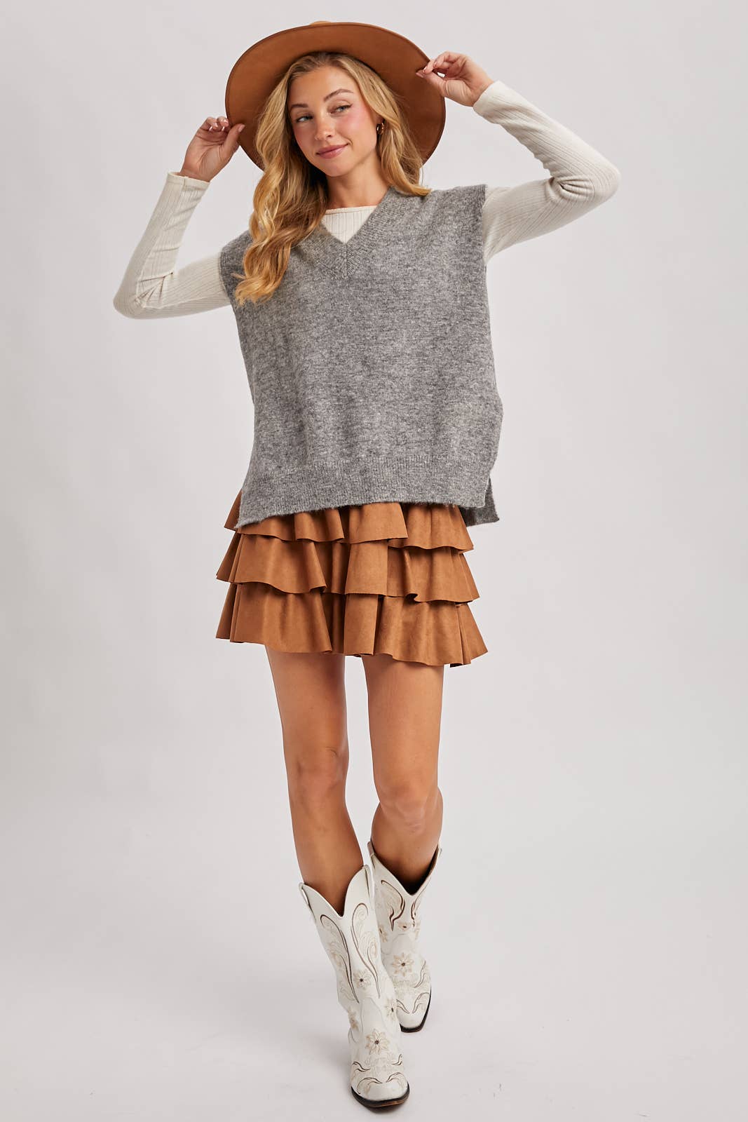 FAUX SUEDE TIERED RUFFLE PAPERBAG WAISTBAND MINI SKIRT
