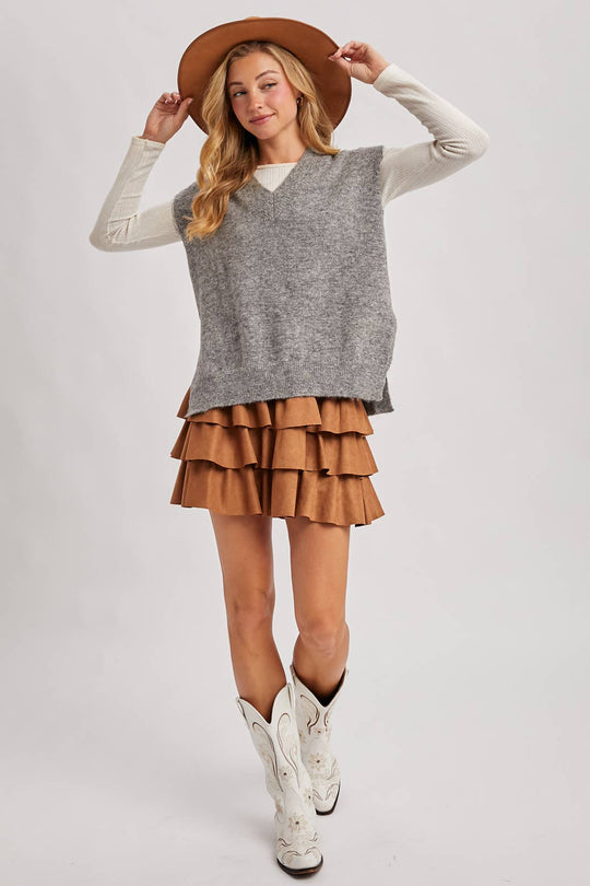 FAUX SUEDE TIERED RUFFLE PAPERBAG WAISTBAND MINI SKIRT