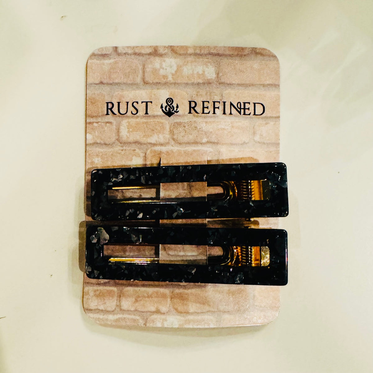 Black Tortoise Hair Clip Set on Rust and Refined display card