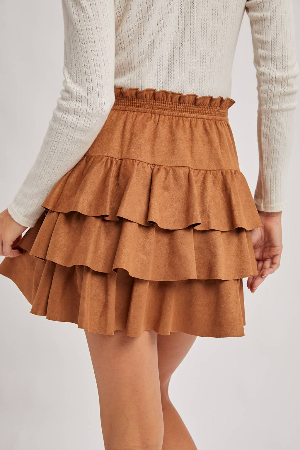FAUX SUEDE TIERED RUFFLE PAPERBAG WAISTBAND MINI SKIRT, view 7