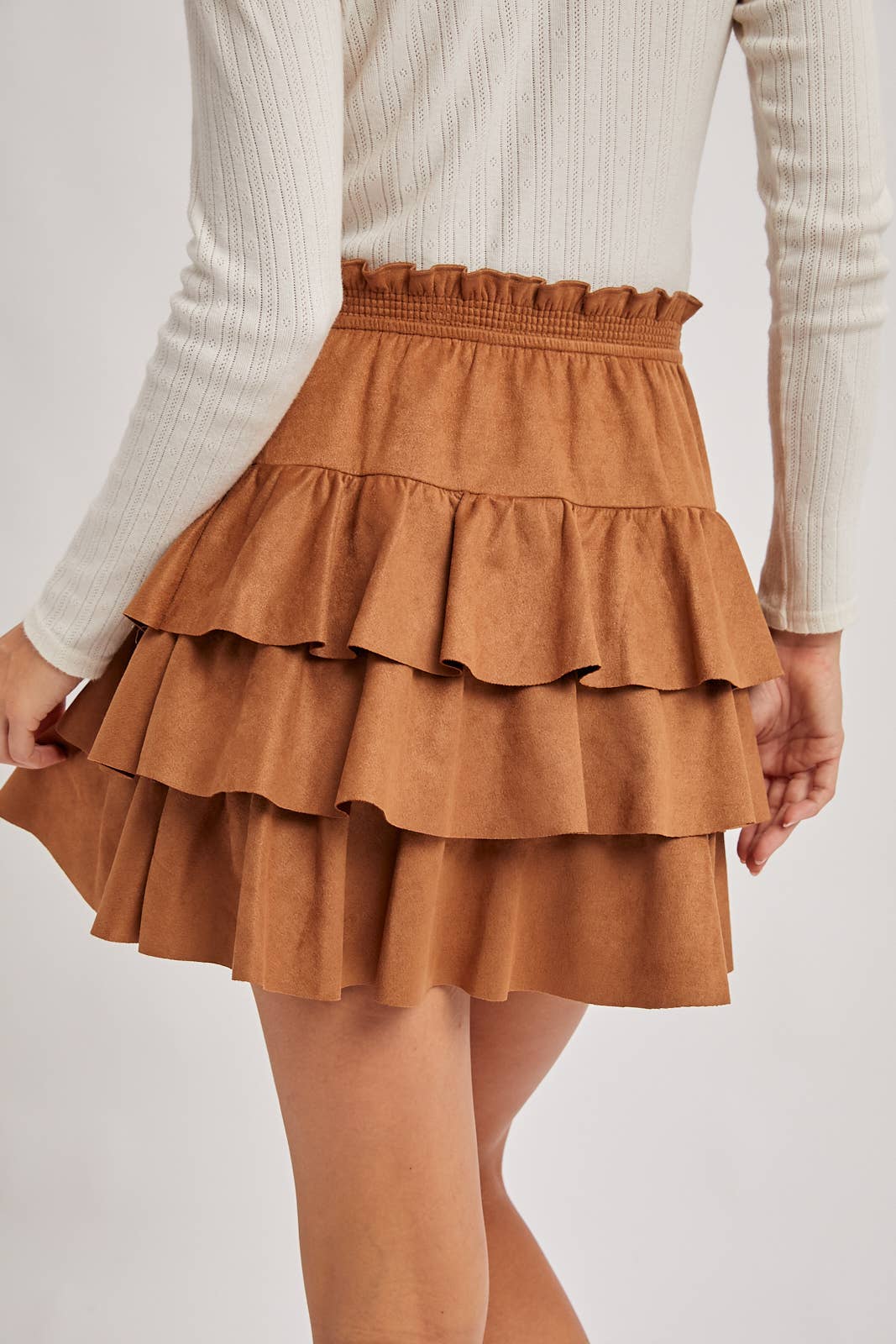 FAUX SUEDE TIERED RUFFLE PAPERBAG WAISTBAND MINI SKIRT