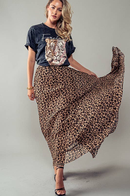 Leopard Animal Print Pleated Midi Skirt
