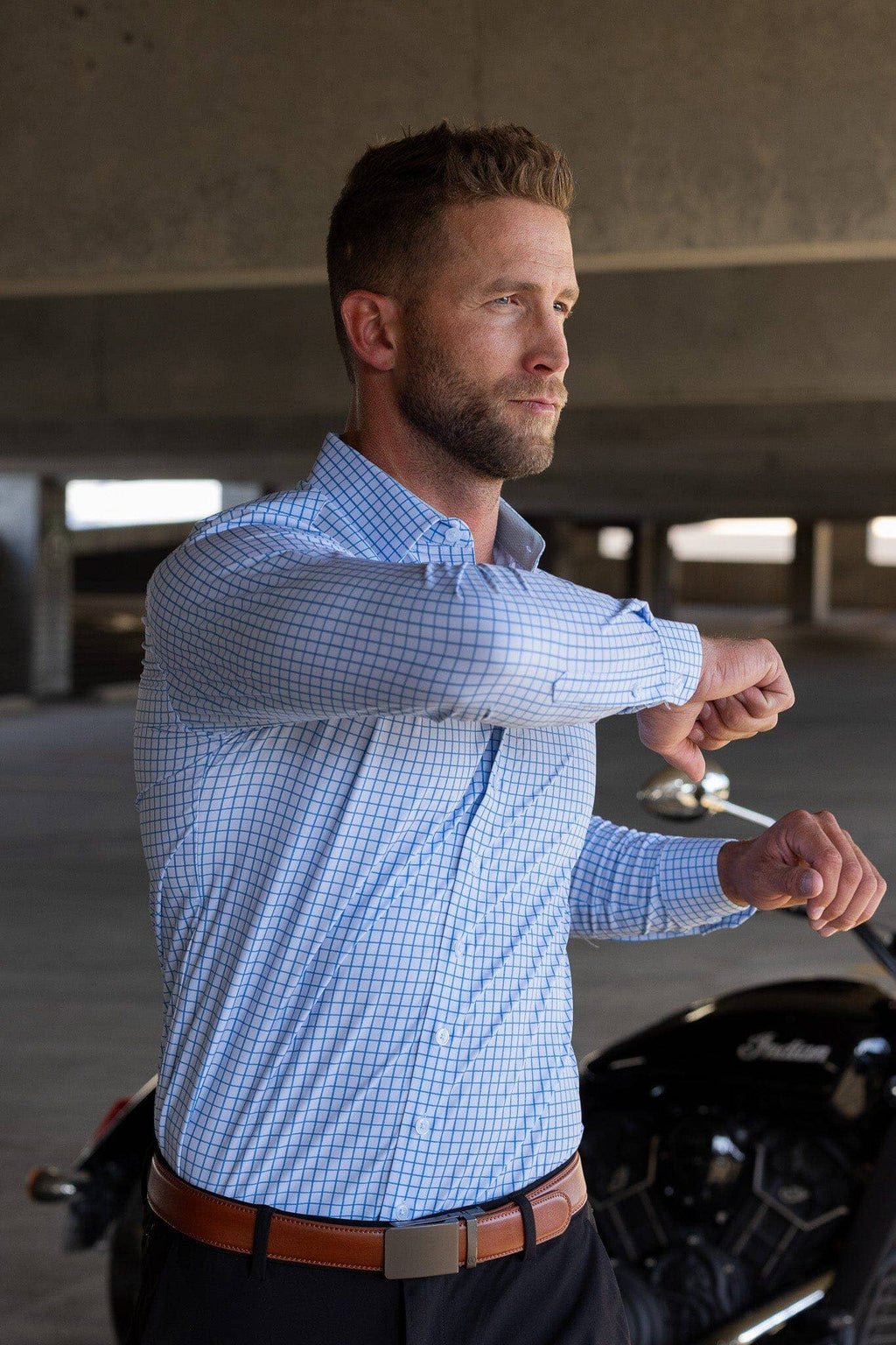 Hustle Sport Shirt - Long Sleeve - Double Blue Mini Grid, view 5