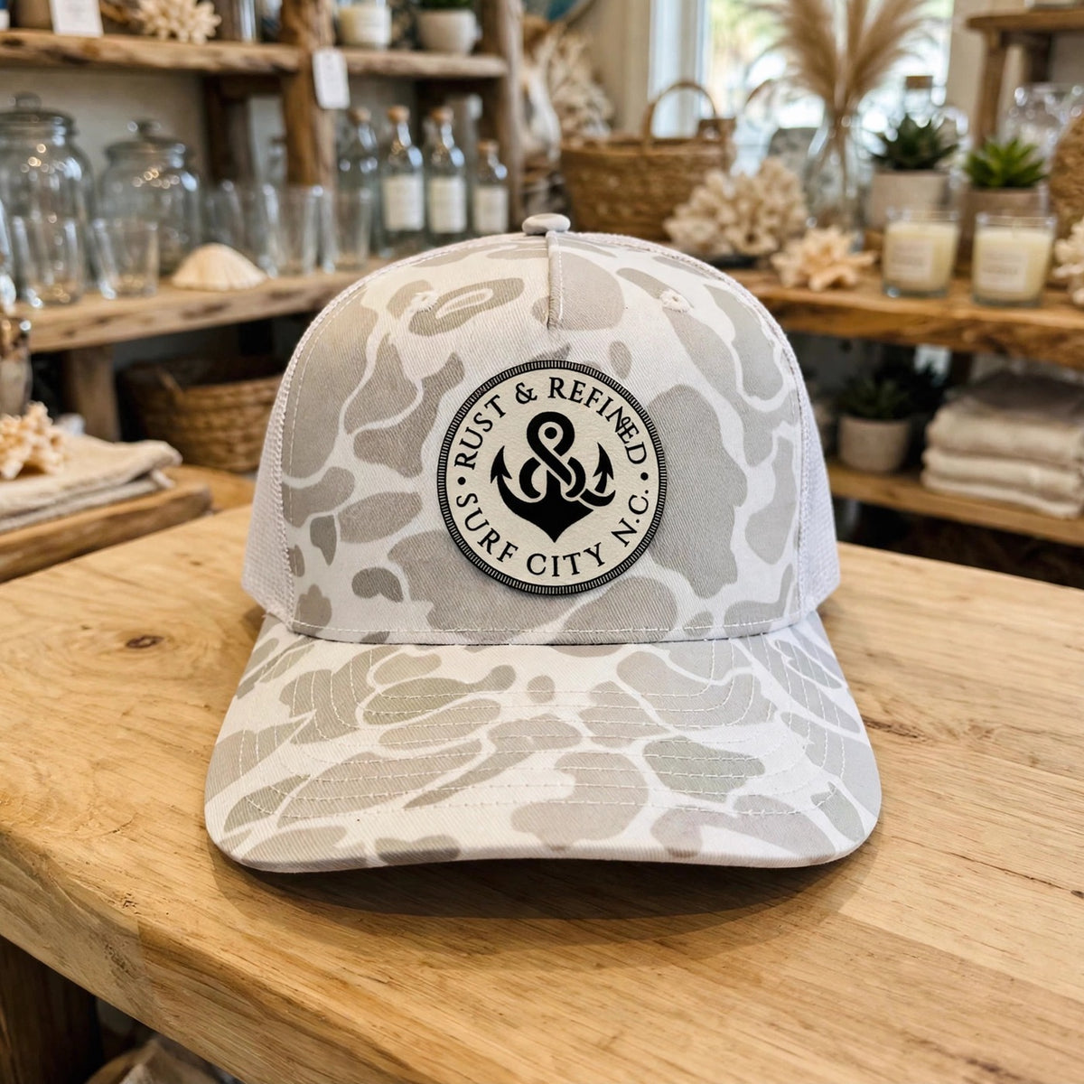 R&R Anchor White Camo Trucker Hat at Rust & Refined in Surf City, NC