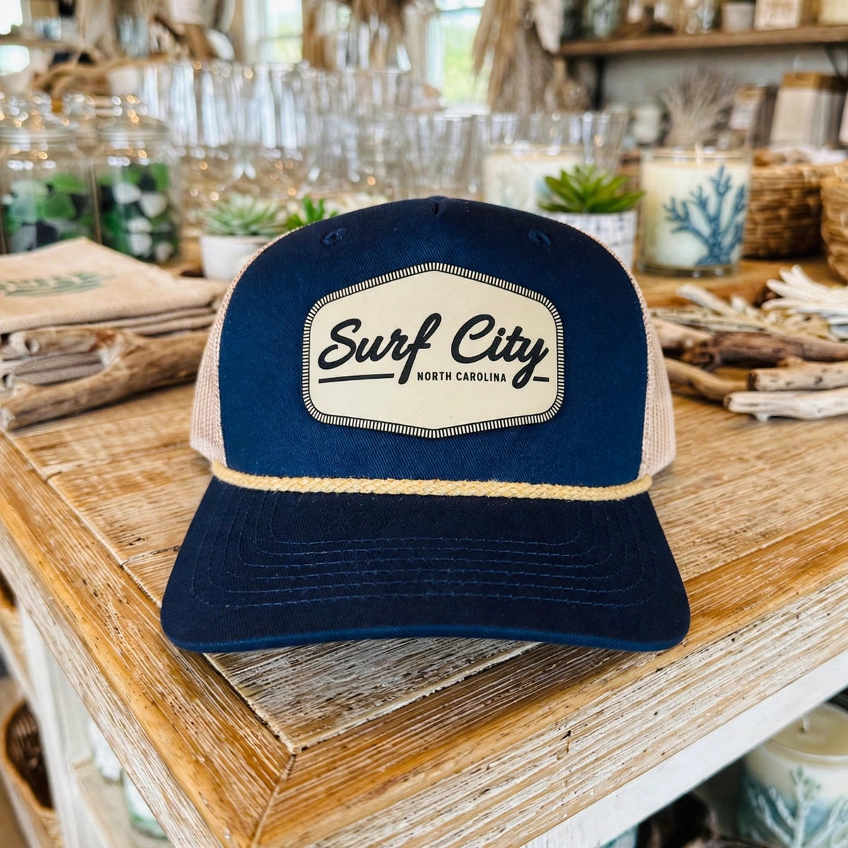 Surf City Rope Trucker Hat - Navy/Tan at Rust & Refined in Surf City, NC
