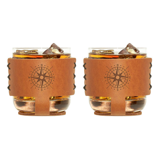 Oowee - Compass Leather 9oz Rocks Sleeve and Glass Set of 2 Compass