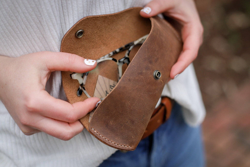 Leather Glasses Case open, holding a pair of glasses
