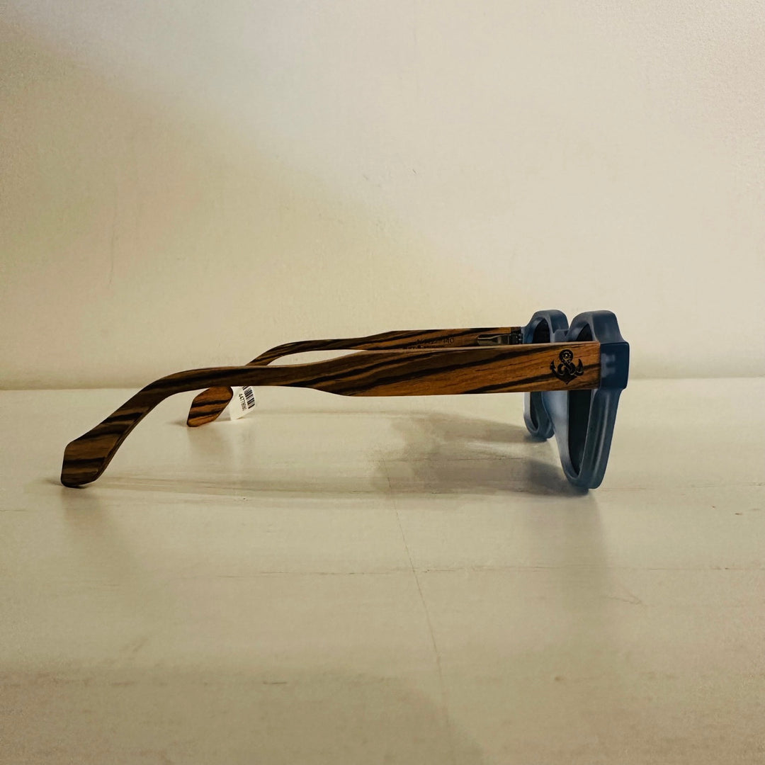Blue frame wooden sunglasses other side