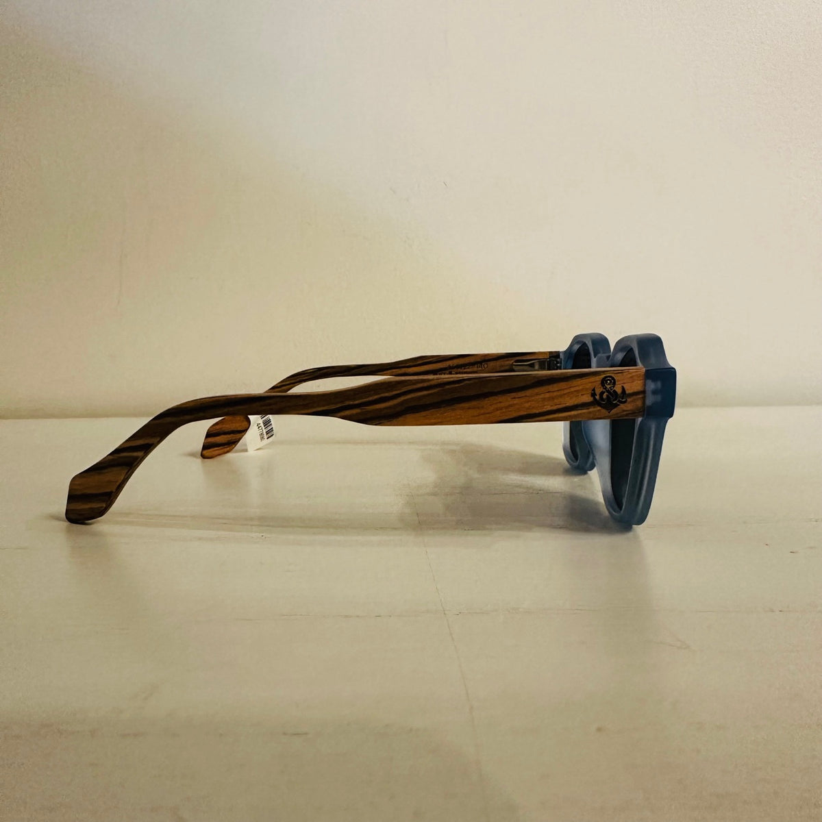 Blue frame wooden sunglasses other side