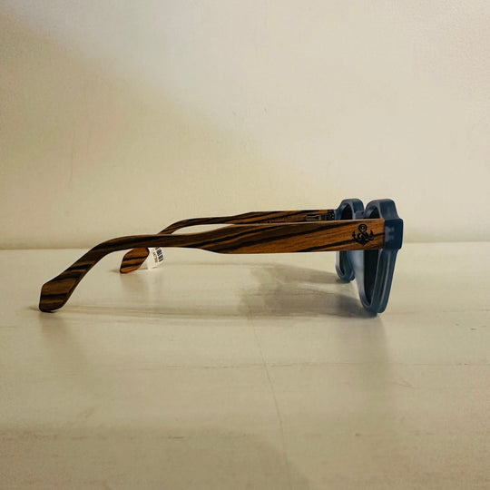 Blue frame wooden sunglasses other side
