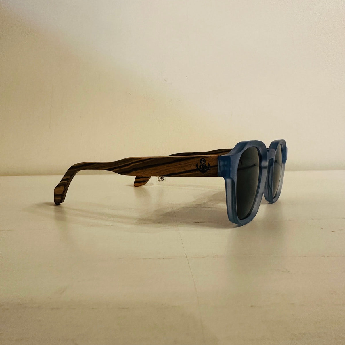 Blue frame wooden sunglasses side view
