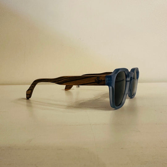Blue frame wooden sunglasses side view