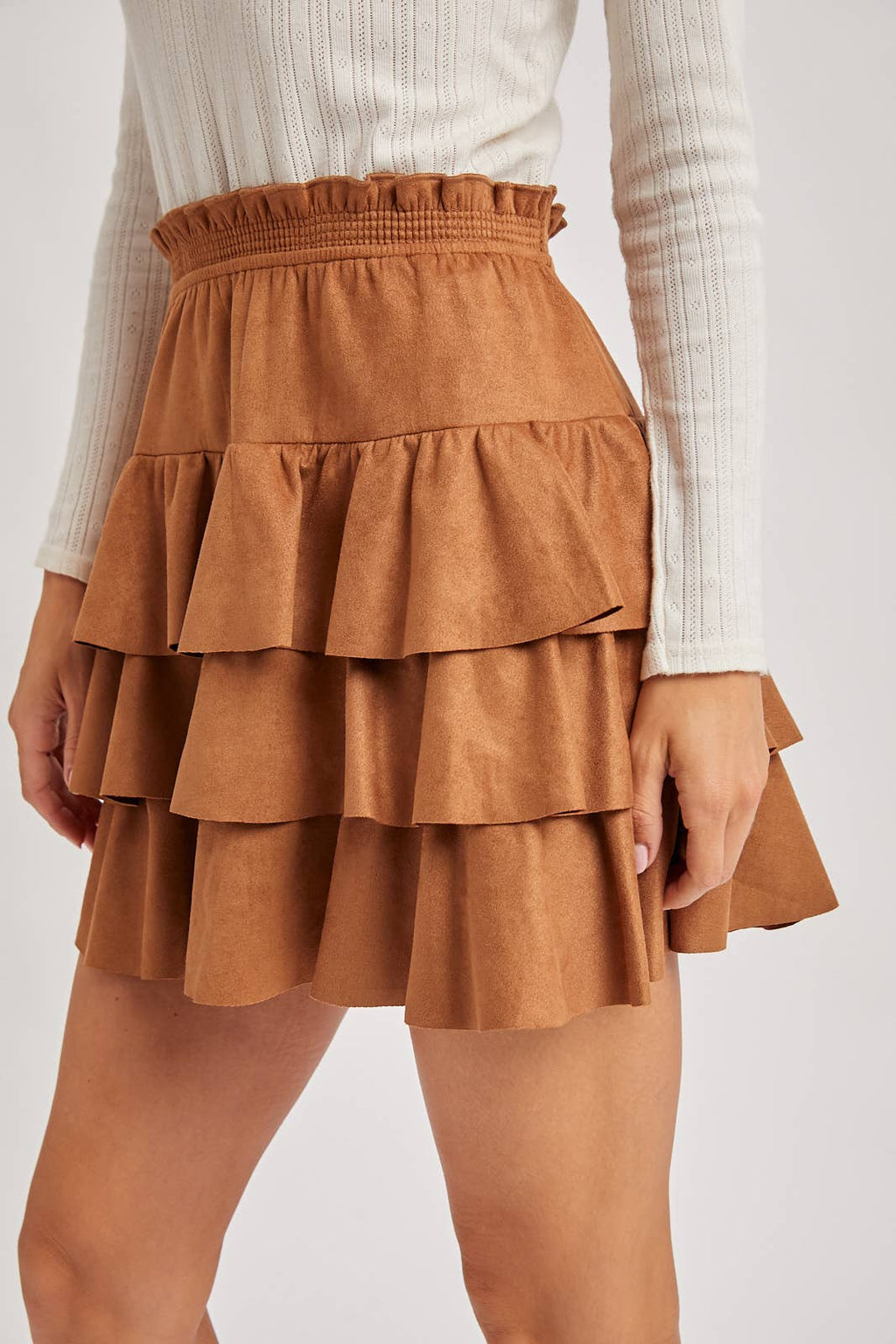 FAUX SUEDE TIERED RUFFLE PAPERBAG WAISTBAND MINI SKIRT, view 3