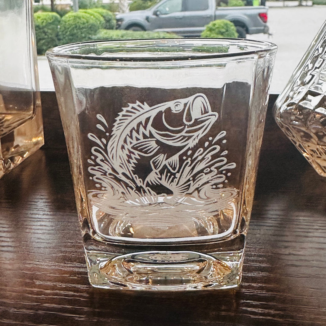 Whiskey glass with etched jumping bass fish