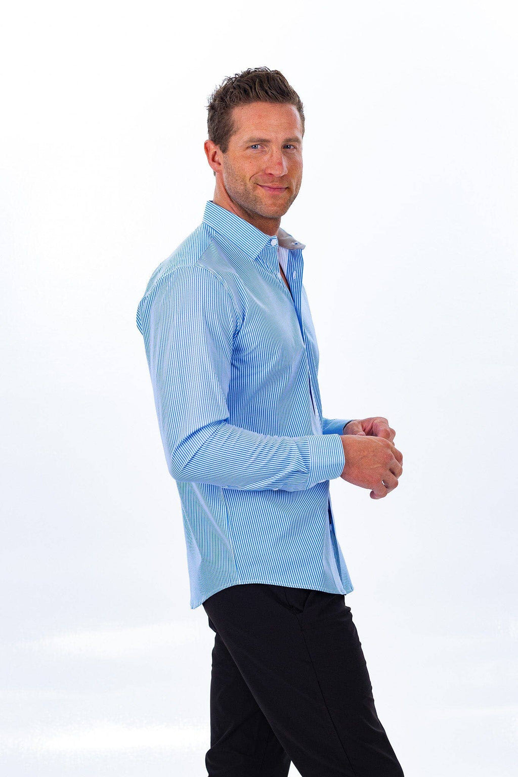 Hustle Sport Shirt - Long Sleeve - Light Blue Banker Stripe, view 12