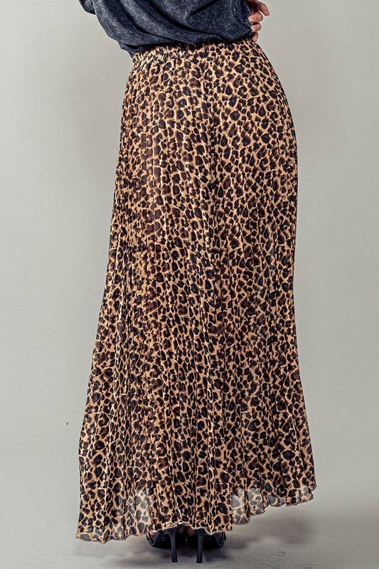 Leopard Animal Print Pleated Midi Skirt