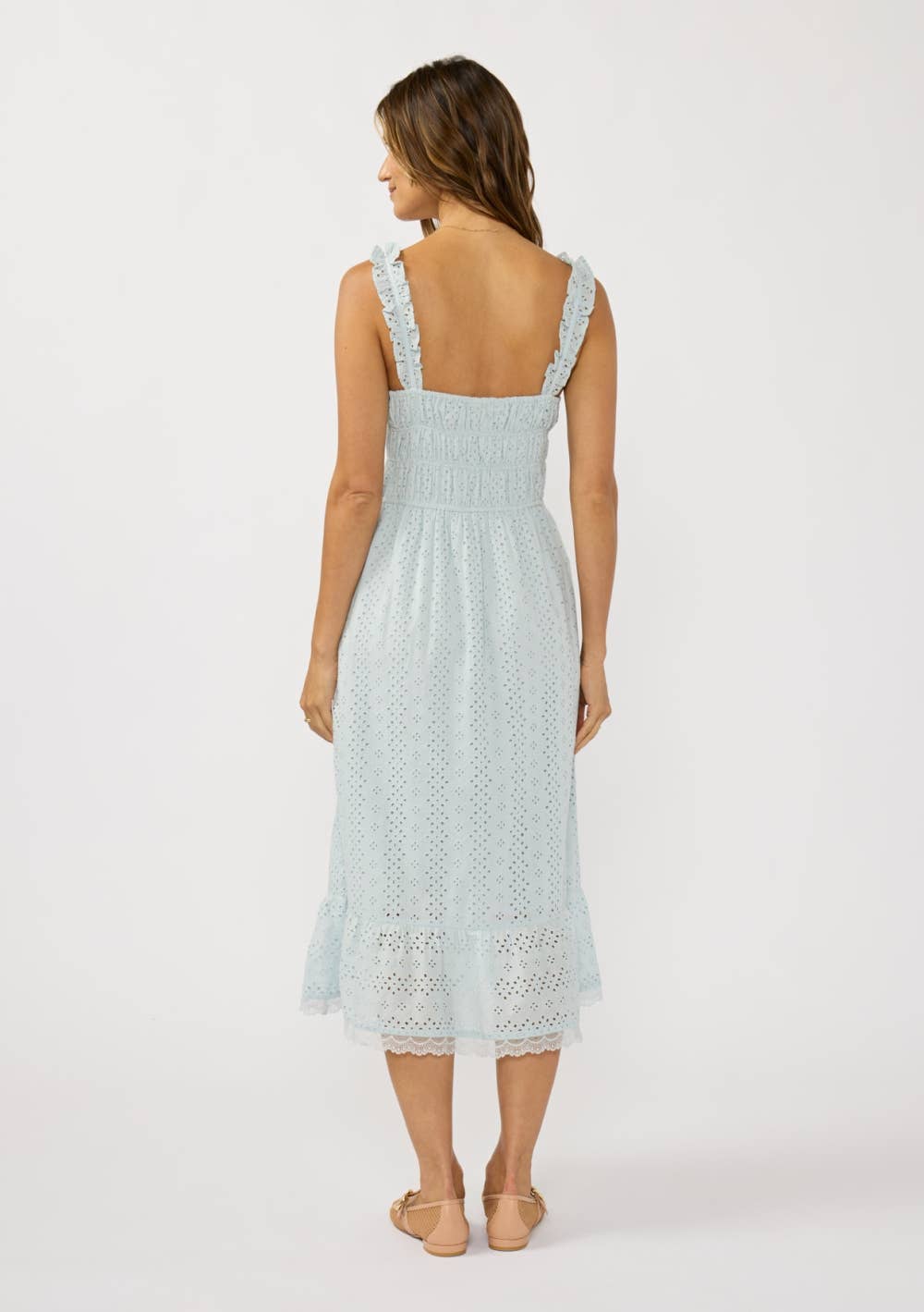 Smocked Bust Floral Eyelet Midi Dress