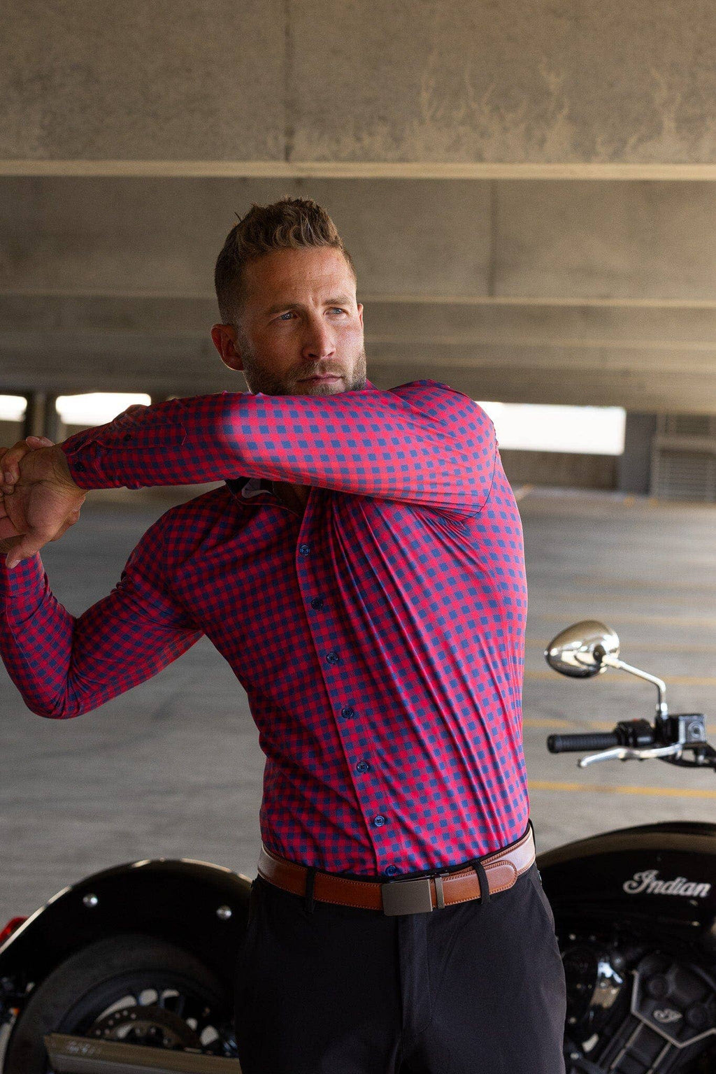 Hustle Sport Shirt - Long Sleeve - Red Navy Gingham, view 7
