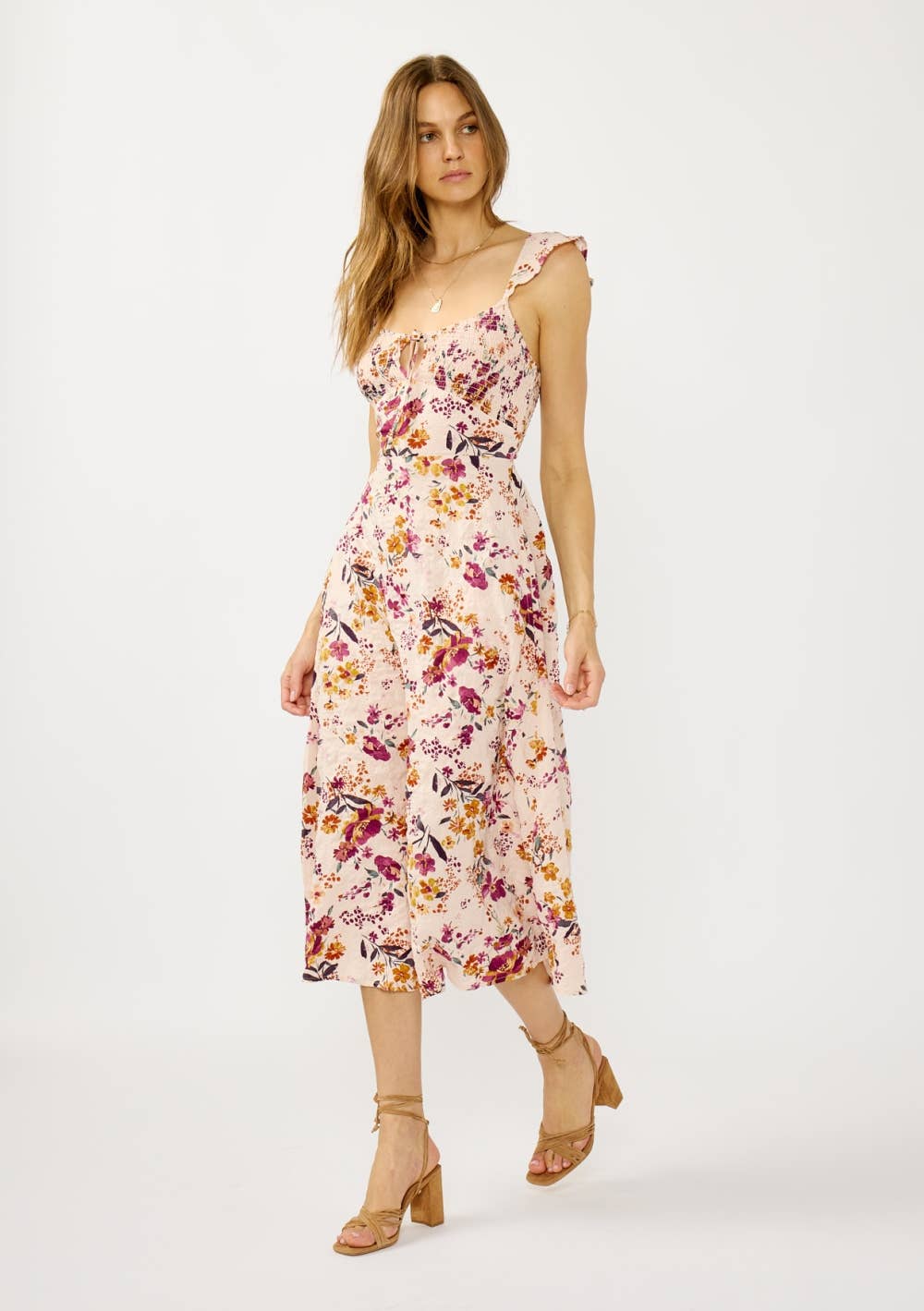 Lace-Up Smocked Bodice Midi Dress, view 3